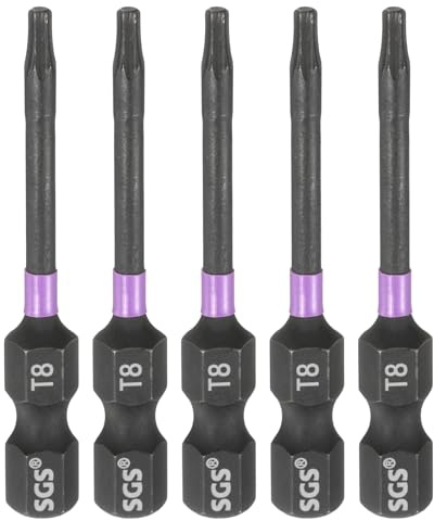 QUARKZMAN 5pcs Puntas Destornillador Impacto Cabeza Torx T8 Vástago Hexagonal 1/4 Largo 2 (50mm) Magnéticas Sin Orificio Antimanipulación Estrella 6 Puntas Taladro S2 Herramientas