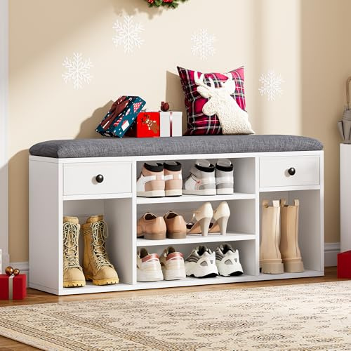 YITAHOME Banco Zapatero con Cojín, Banco de Pasillo, 2 Cajón de Tela y Compartimentos Abiertos, Banco de Almacenamiento, 5 Compartimentos, Almacenamiento Oculto, Blanco y Gris