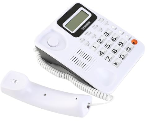 Akozon ABS GY T2020CID Téléphone Filaire avec Haut-Parleur et Identification de l'appelant, Double Interface, Calculatrice Intégrée, Mode Muet, Blanc (White)