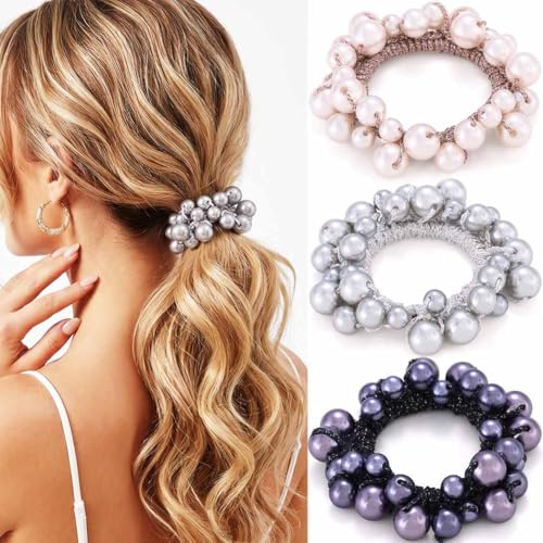 Reaky Pearl Haargummis, elegante Haargummis, elastische Haargummis mit Perlen, dekorative Haaraccessoires für Damen (Marineblau + Grau + Lila)