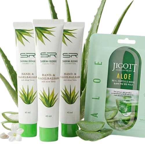 Sabrina Rudnik Hand & Nagelbalsam mit Aloe Vera 3er-Set (3 x 45 ml) JIGOTT Aloe Real Ampoule Gesichts Maske | Pflegende Handcreme | Feuchtigkeit für trockene Hände & Nägel