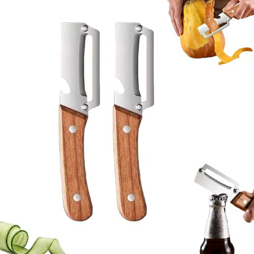 Pelador Verduras Multifunción, 2 En 1 Para Cocina Hoja Acero Inoxidable Ultraafilada Pelador Profesional, 2Piezas Peladors De Frutas Con Mango De Madera Engrosado Con Abrebotellas, Zanahorias