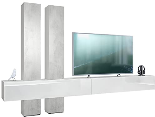 Vladon Wohnwand Moja, Made in Germany, Weiß matt & Weiß/Beton Oxid Optik - Moderne Anbauwand für Ihr Wohnzimmer (BxHxT) 330 x 204 x 39 cm