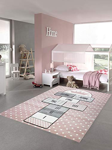 CARPETIA Teppich Kinderzimmer Hüpfspiel Muster rosa grau Größe 80x150 cm