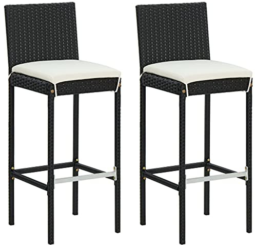 vidaXL Garten-Barhocker mit Kissen 2 STK. Schwarz Poly Rattan