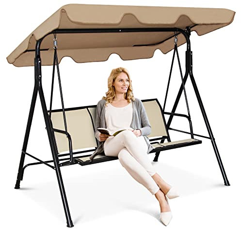 DREAMADE 3 Sitzer Hollywoodschaukel, Gartenschaukel mit verstellbarem Sonnendach, aus Metallgestell & Polyster, Schaukelbank für Terrasse, Balkon, Garten, 240 kg belastbar, 170 x 120 x 153 cm (Braun)