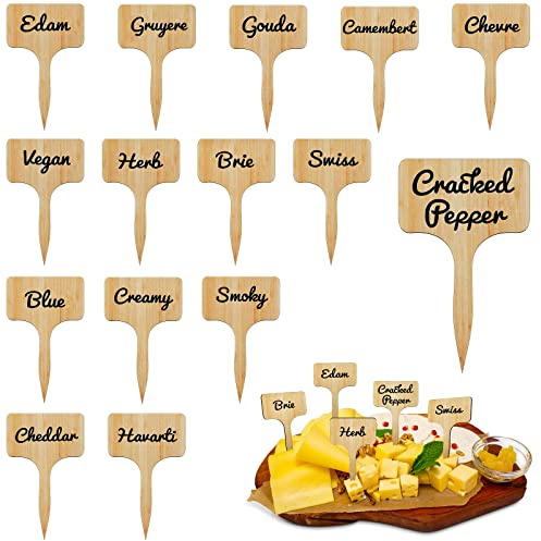 Queekay 15 Pcs Wooden Cheese Markers Set with Pre-Engraved Cheese Names for Charcuterie Board – Reusable Labels for Buffet, Wedding, Party Gift，2.4 x 4 Inch