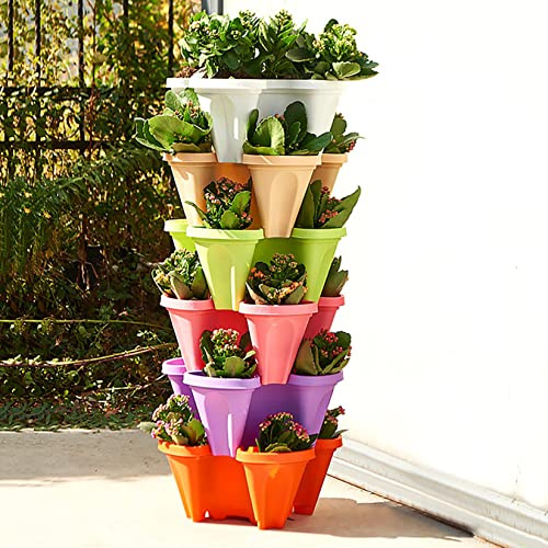 Kunststoff Stapelbar Blumentopf,Groß Erdbeerturm Hochbeet Pflanzturm Rund Pflanzkübel mit Plastik Untersetzer für Innen und Balkon Garten Terrasse Pflanzen wetterfestes Pflanzgefäß (B-Grün)