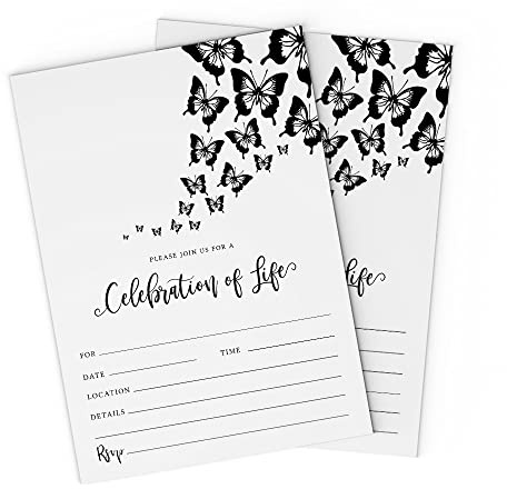 Expressionz Cafe Butterfly Celebration of Life Funeral In Loving Memory 5x7 Invitations with Envelopes, Fill Out Cards (Pack of 25)