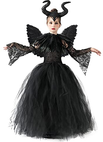 OBEEII Déguisement Sleeping Beauty Sorcière Maléfique pour Filles méchante sorcière Robe Bandeau Chapeau Outfit Noir 5 pièces 2-3 Ans