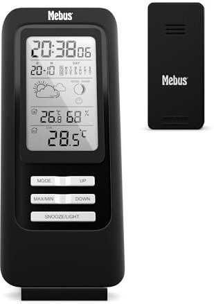 MEBUS Estación meteorológica controlada por radio con sensor exterior, termómetro/higrómetro, radio, indicador de bienestar, clima interior, previsión meteorológica con símbolos, calendario lunar,