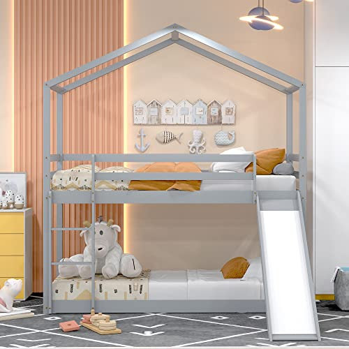 kubeier Letto a Castello per Bambini Letto Singolo 90 x 200 cm, Letto a Castello in Legno Massiccio con Scivolo, Letto Basso in Pino Massiccio con Rete a doghe, per Ragazze e Ragazzi,Grey