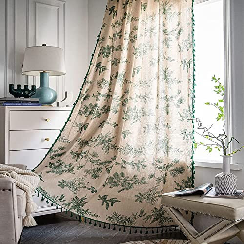 Lanqinglv Boho Vorhänge Grün Beige Blickdicht Blumen Gardinen mit Quaste Baumwolle Leinen Landhausstil Häkeln Stricken Gardinen Vorhang für Küche Wohnzimmer Schlafzimmer,1 Stück,B150xH160cm