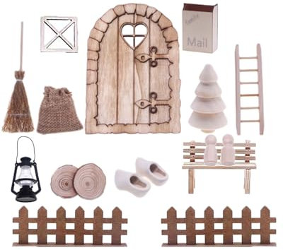 Killogood Wichteltür Set Wichtel Zubehör Weihnachten Miniatur Holz Set mit Holzfarbe Wichtel Tür Briefkästen Kranz Weihnachtsbaum Zaun(Wichtel)