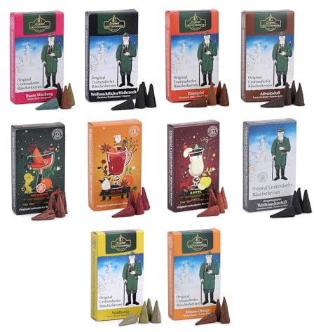 Crottendorfer Räucherkerzen 10er Pack (10 x 24 Stück) – Waldhonig, Zimtapfel, Winter Orange, Glühwein, Apfelpunsch, Orange Sprizz & mehr – Höhe 2,7cm, Ø 1,2cm – 15 Min. Brenndauer pro Räucherkegel