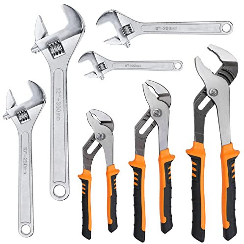 FASTORS 7er-Pack verstellbarer Schraubenschlüssel und Gelenkzangen, Nut- und Federzangen-Set mit verstellbarem Schraubenschlüssel-Set für Reparaturen zu Hause, geschmiedeter Stahl, rutschfest,