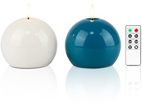 Fanna 2 Real Wax LED Ball Candles with Remote, Battery Operated Sphere Candles with Timer for Weddings and Home Decorations, 2 Colors White and Turquoise Included - D10cm x H8cm