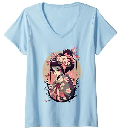 Femme Jardin japonais Sakura Vintage Fleurs de cerisier T-Shirt avec Col en V