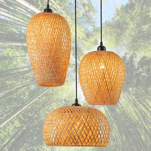Bambus Deckenlampe Boho Hängelampe Rattan Lampenfassung Höhenverstellbar Deckenlampe Gewebte Lampenschirm Hängeleuchte Das Küche Cafe Esszimmer Lampen Hängelampe Rattan Lampe Hängend E27*3 leuchter