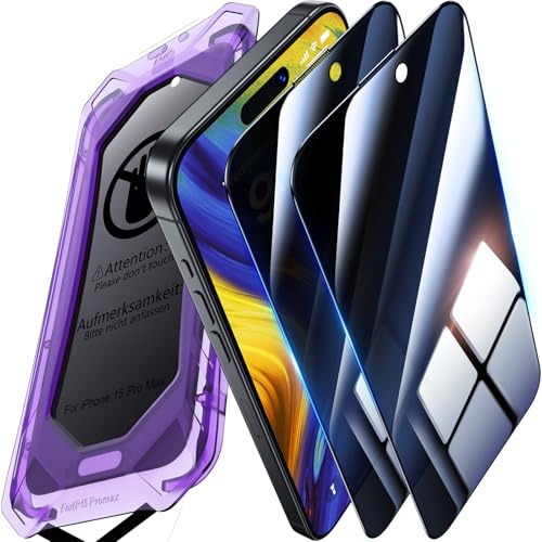 UniqueMe for iPhone 15 Pro Max Privacy Screen Protector - 2 Pack [Automatic Dust Removal] 6.7 inch 9H Full Coverage Tempered Glass Screen Protector Anti-Spy Bubble-Free Case Friendly Scratch-proof
