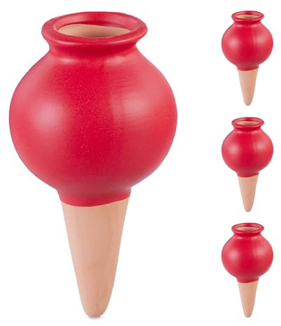 Relaxdays Tonspitzen Bewässerung, 4er Set, Wasserspender für Zimmerpflanzen & Balkonkästen, Gießkegel, Terracotta/rot