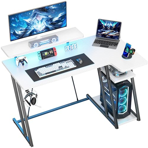 HOMIDEC 100cm L Shaped Gaming Desk, Computer Corner Desk with LED Lights | Smart App LED Lights, Carbon Fiber Surface, PC Desk with Ergonomic Monitor Stand, 2 Storage Shelves & Hook, Sturdy Z-legs