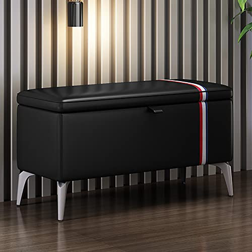Panca ottomana moderna in pelle nera con seduta imbottita, baule in legno massello, panca multifunzione per scarpe, 99 x 35,6 x 45,7 cm