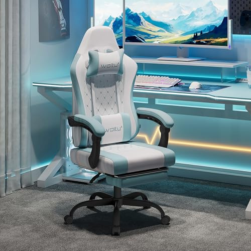 WOLTU Gamingstol med massagefunktion, datorstol med pocketfjäderdyna, ergonomisk gamerfåtölj, snurrstol med huvudkudde, ländryggsdyna och fotstöd, vit och blå, GS15bws