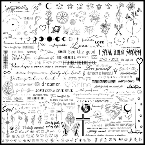 CHARLENT 340 Stück Mini Temporäre Tattoos Erwachsene, realistische Designs | Wasserfeste kleine Fake Tattoos mit Worten, Blumen und Sprüchen, ideal für Frauen und Männer, Finger, Hand und Körper