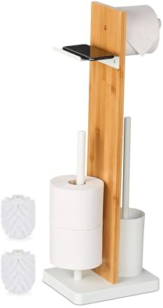 Relaxdays WC Garnitur, Bambus, HBT: 68x27x18 cm, freistehender Klopapierhalter, mit Ablage, Toilettenbürste, Farbwahl | freistehender Klopapierhalter, Ablage, Toilettenbürste