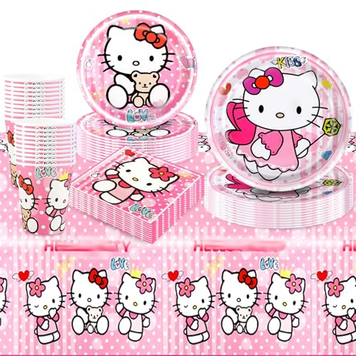 Heartsking 81Pcs Pink Cat Party Decorations, Kids' Party Tableware Set, 20 Guests