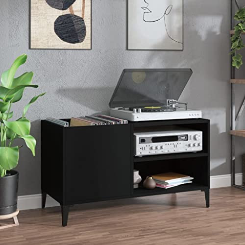 Makastle Meuble Platine Vinyle, Rangement Vinyle, Support de Tourne-Disque, avec Étagère, Étagère de présentation, noir 84,5x38x48 cm bois d'ingénierie