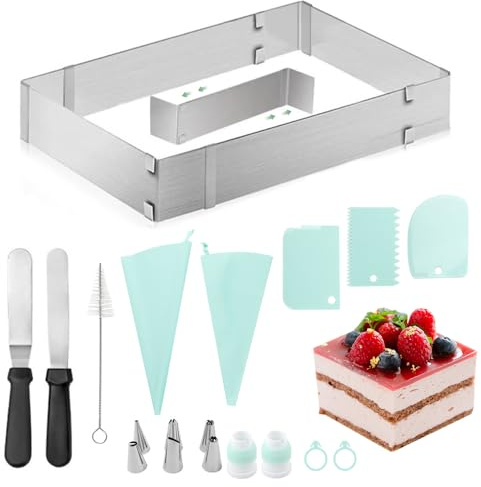 Nzkeuf Stampo Rettangolare Torta Regolabile, Anello per Torte Rettangolare in Acciaio Inox con Divisorio, Raschietto, Spatola, Sacchetto per Tubazioni, Beccucci, Adatto per Torte, Pizze Fai da Te