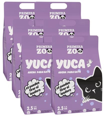Primerazoo Arena de Yuca Natural para Gatos Ecológica y Segura Control de Olores Fuerte Aglomeración Fácil de Limpiar Sin Polvo (6 Bolsas-36L/15KG)