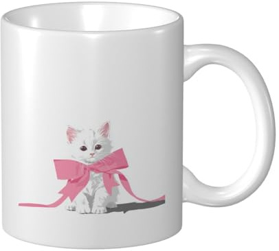 Woshuwo Taza de cerámica con diseño de gatito blanco con lazo rosa gigante, elegante taza de café, taza de agua para casa y oficina, 325 ml
