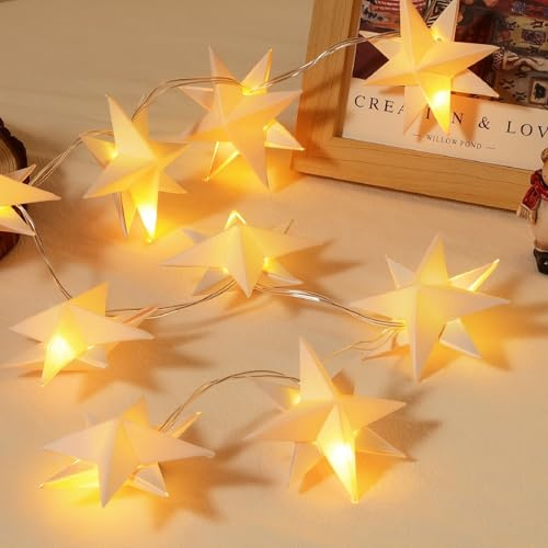 Lewondr 2 Stück Papier Weihnachtsdeko Sterne zum Aufhängen, 1,1M Batteriebetrieben Lichterkette Innen mit 10 LEDs, 8-zackig LED Stern mit 6 Stunden Timer, für Zimmer, Hochzeit, Party, Heimdekoration