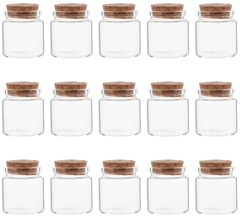 Cabilock Mini Flacons en Verre 50 ML avec Bouchons en Liège, Lot de 15 Fioles Décoratives Rondes Transparentes pour Loisirs Créatifs, Messages, Décoration Intérieure et Pot à Fleurs