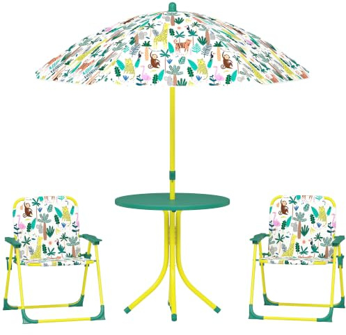 AIYAPLAY Ensemble Salon de Jardin Extérieur Enfant 4 Pièces Vert | Table Enfant avec Chaise, Motif Éléphant et Girafe, Parasol Réglable Ø 100 cm, Chaise Pliable, Terrasse Balcon Plage