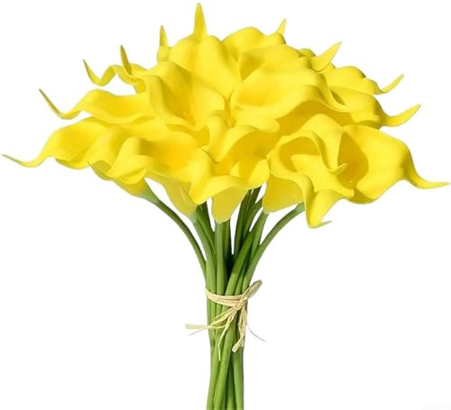 Evenoonest 10 flores artificiales de lirio de cala de poliuretano para ramo de novia, decoración del hogar, sala de estar, mesa, jarrón, uso de estilo (amarillo)