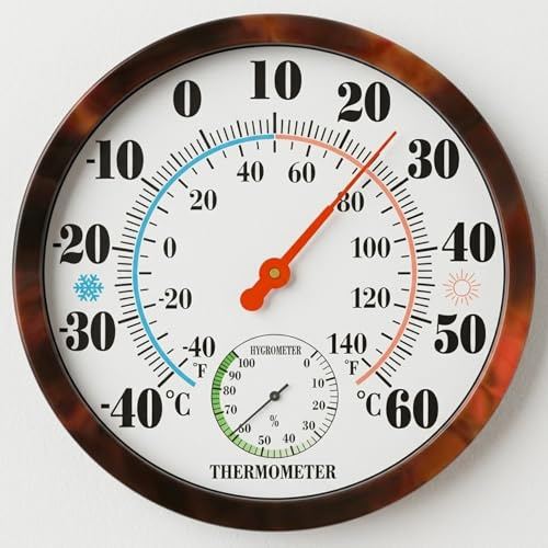 2-in-1 Analogue Thermometer Hygrometer (°C/°F), Indoor Outdoor Temperature Humidity Gauge. Battery-Free Mechanical Dial, Wall/Desk Mount. Large Easy-Read Face for Home, Office, Greenhouse. (brown)