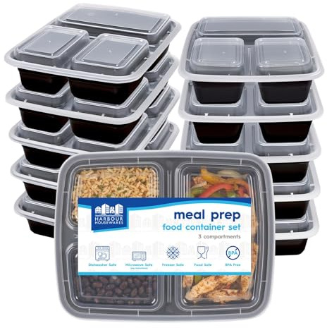 Harbour Housewares Reusable Meal Prep Containers with Lids - Pack of 10, 975ml 3-Compartment BPA-Free Food Storage Boxes, Stackable Microwave Freezer Dishwasher Safe Lunch Boxes for Meal Preparation