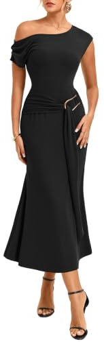 GRACE KARIN Womens Bodycon Maxi Party Dress with Asymmetric Cap Sleeves and Oblique Neck, Sash and Metal Decoration