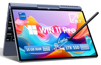 PC portable 10,1 pouces 2-en-1 tactile, Core i3-1215U, 16 Go RAM, 1 To SSD | Win 11 Pro, écran rotatif à 180° avec stylet, AZERTY-Layout, déverrouillage facial, WiFi 6 & USB-C pour travail et études