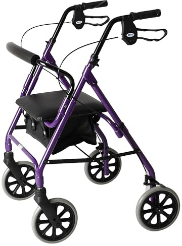 Days Lightweight Folding Four Wheel Rollator Walker with Padded Seat, Lockable Brakes, Ergonomic Handles, and Carry Bag, Limited Mobility Aid, Purple, X-Small, (Eligible for VAT relief in the UK)