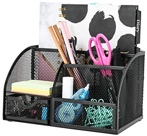EXERZ Desk Organiser/Mesh Desk Tidy Caddy/Pencil Holder Multifunctional with 7 Compartments- Black