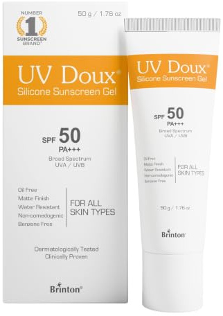 UV Doux Silicone Sunscreen Gel SPF 50 PA+++ | Broad Spectrum UVA/UVB Protection | Oil-Free, Matte Finish | Water-Resistant, Non-Comedogenic | Suitable for Oily, Sensitive Acne-Prone Skin 50g/1.76oz.