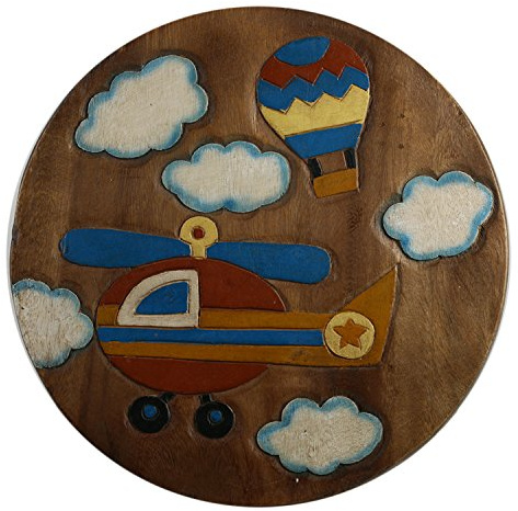 ART-CRAFT KH071 Kinderhocker Holz Schemel mit Motiv Hubschrauber bemalt und beschnitzt extra große Sitzfläche Ø 30cm LxBXH = 30x30x27cm