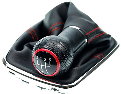 Pomello cambio e Cuffia cambio compatibile con VW Golf 4 e per Bora 1997-2006 - 5 Marce - 12mm - nero cromo rosso - con telaio - finta simil pelle - leva cambio manuale - (A253-1)