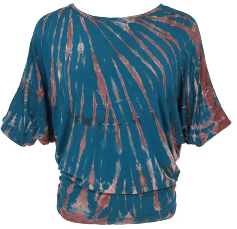GURU SHOP Batikskjorta med fladdermusärmar, lös batiktopp, t-shirt, damer, blå, syntetisk, storlek: 42, toppar och t-shirts, alternativa kläder, Turkosblå, 42