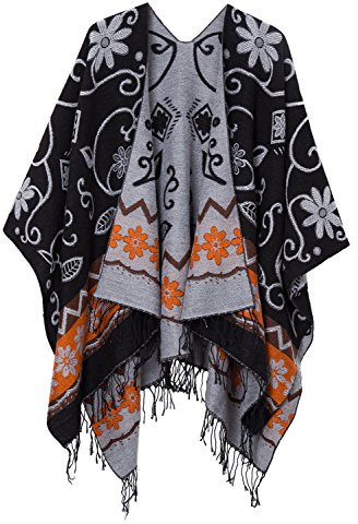 Schicker Damenponcho, Vintage-Umhang mit Schal und Quasten, traditionelles Muster Gr. One size, Black 2#